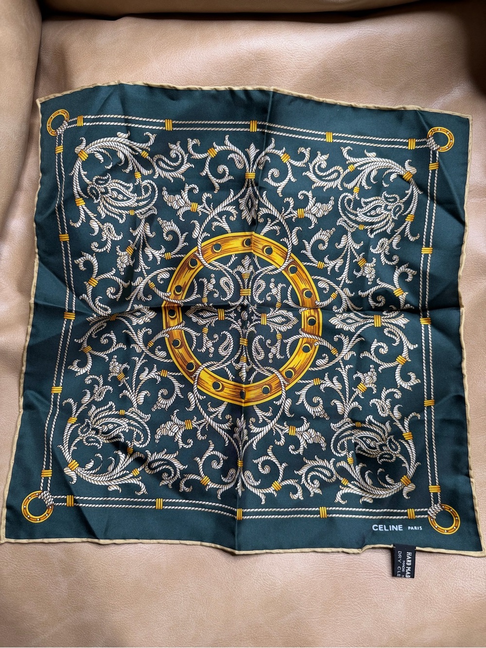 Celine Paris Silk Scarf - Deep Green with Gold